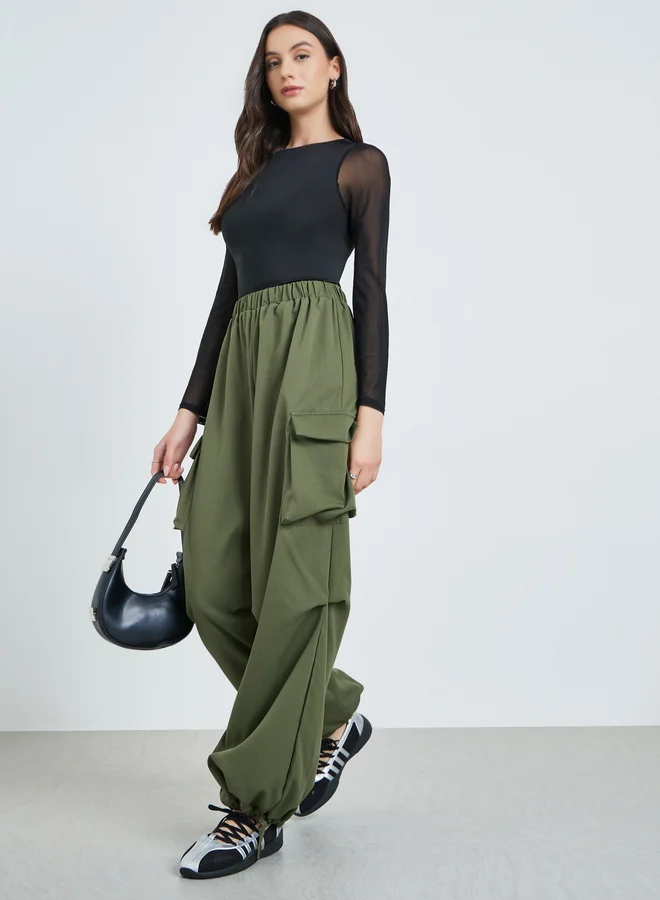 تايك تو Green Baggy Cargo Pants with Elastic Waistband