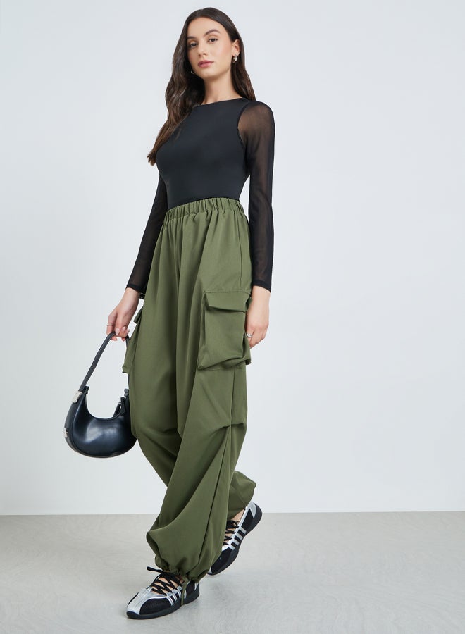 Take Two Green Baggy Cargo Pants with Elastic Waistband - Image 1