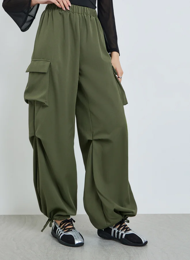 تايك تو Green Baggy Cargo Pants with Elastic Waistband