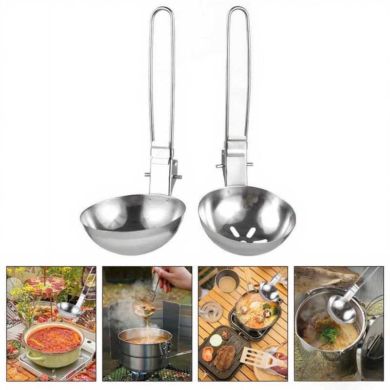 Stainless Steel Skimmer Slotted Spoon Long Handle Ladle Serving Utensil Collapsible Camping Cutlery - Image 4