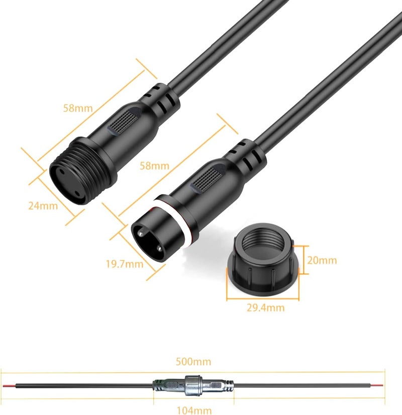 YETOR Waterproof Connectors 2 Wire,12AWG Male Female Plug LED Connector with 2Pin Waterproof Connectors,IP68 25CM Extension Cable for Car, Truck, Boat,LED Strip Lights,(2Pairs) - Image 3
