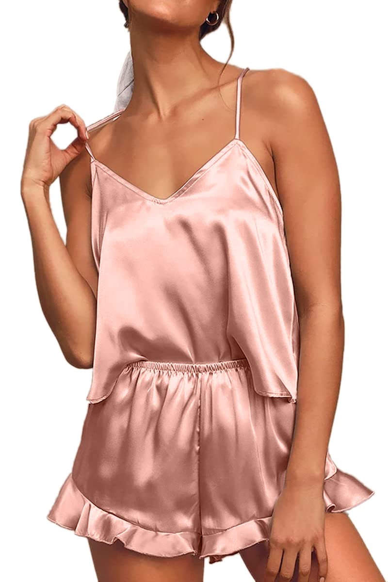 CHYRII Women's Sexy Silk Satin PJS Racerback Cami Tops and Ruffled Hem Shorts 2 PCS Pajamas Sets Nightwear Pink S - Image 3