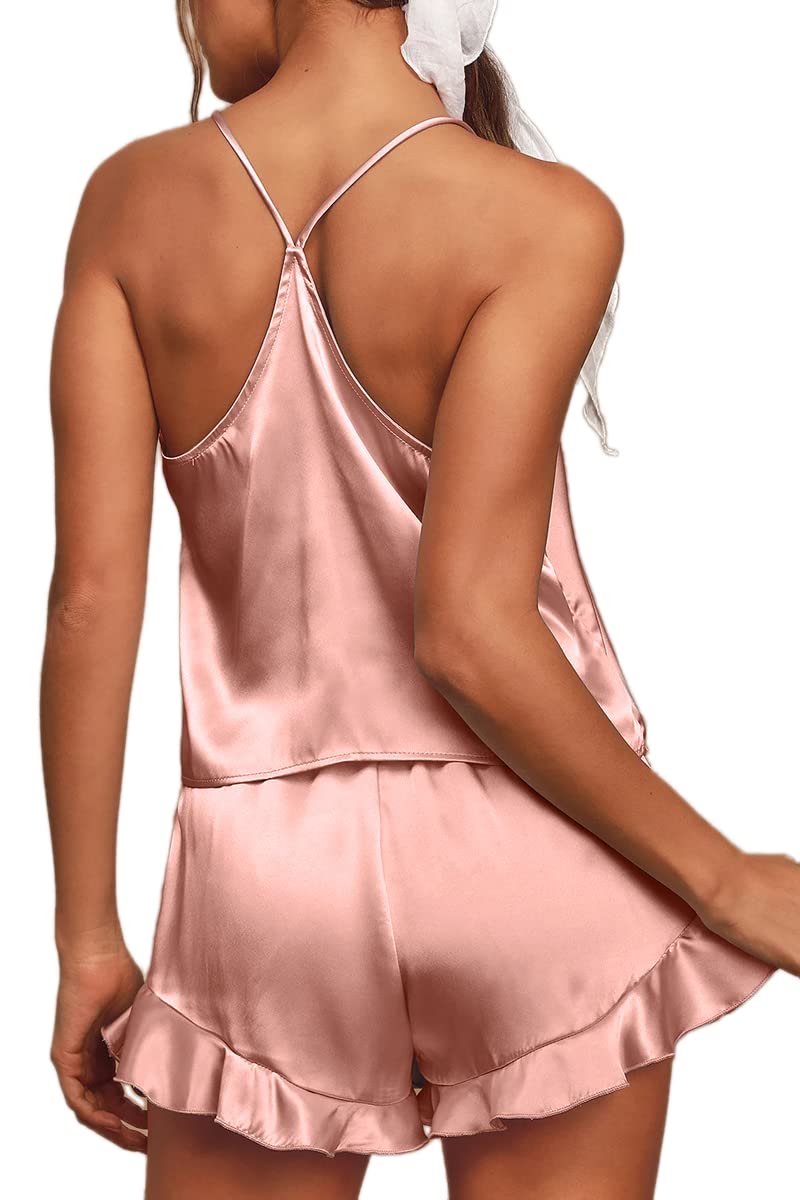 CHYRII Women's Sexy Silk Satin PJS Racerback Cami Tops and Ruffled Hem Shorts 2 PCS Pajamas Sets Nightwear Pink S - Image 2
