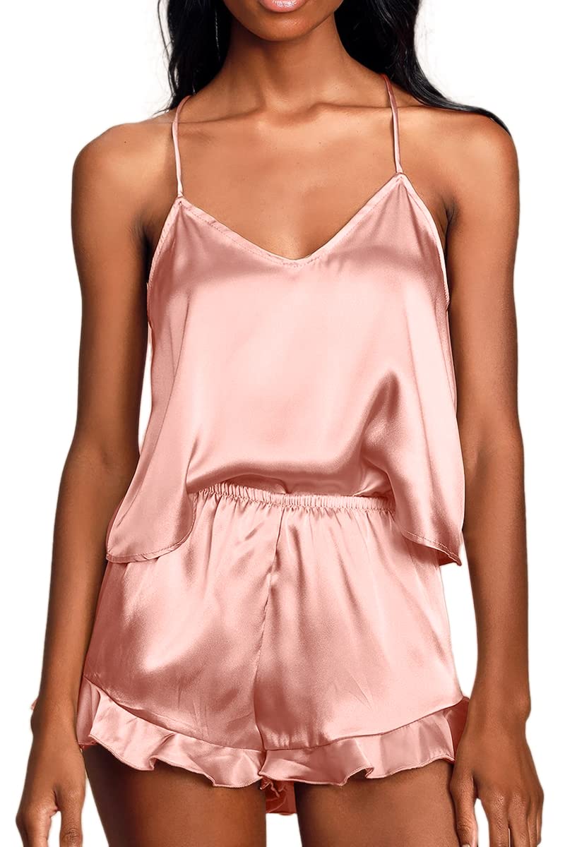 CHYRII Women's Sexy Silk Satin PJS Racerback Cami Tops and Ruffled Hem Shorts 2 PCS Pajamas Sets Nightwear Pink S - Image 5