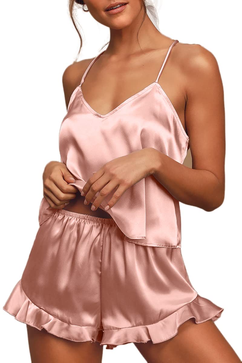 CHYRII Women's Sexy Silk Satin PJS Racerback Cami Tops and Ruffled Hem Shorts 2 PCS Pajamas Sets Nightwear Pink S - Image 4