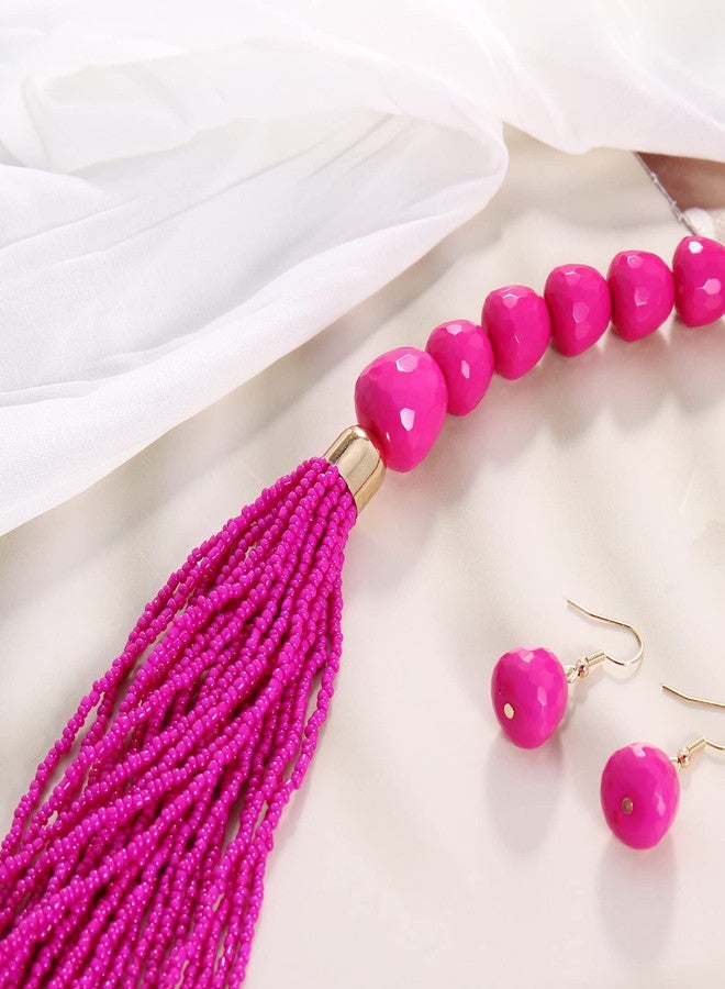 Bocar Multi Layer Statement Long Chain Chunky Bib Seed Beads Necklace Earring Set for Women Gift (NK-10693-Rose red) - Image 4