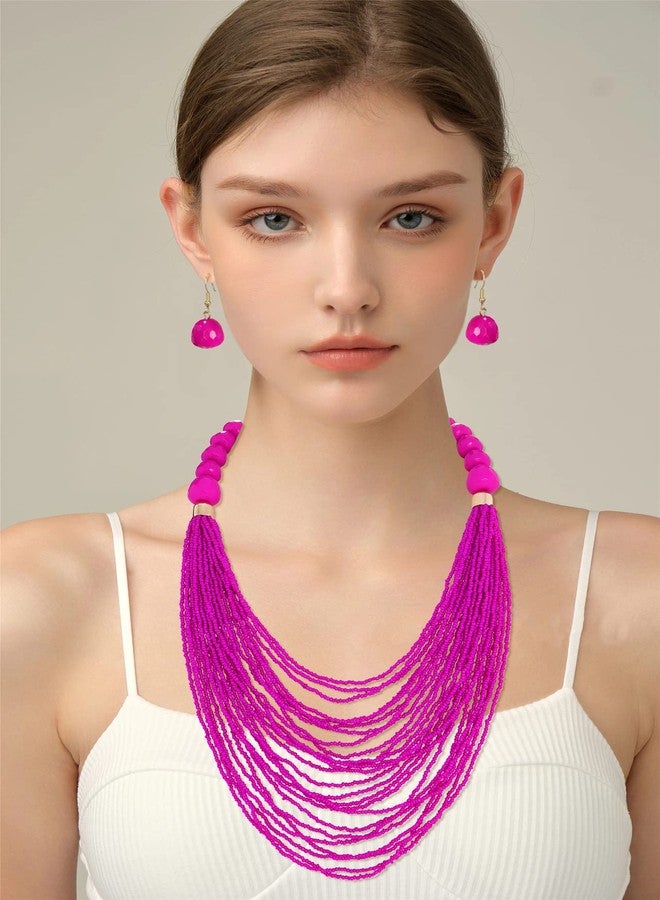 Bocar Multi Layer Statement Long Chain Chunky Bib Seed Beads Necklace Earring Set for Women Gift (NK-10693-Rose red) - Image 2