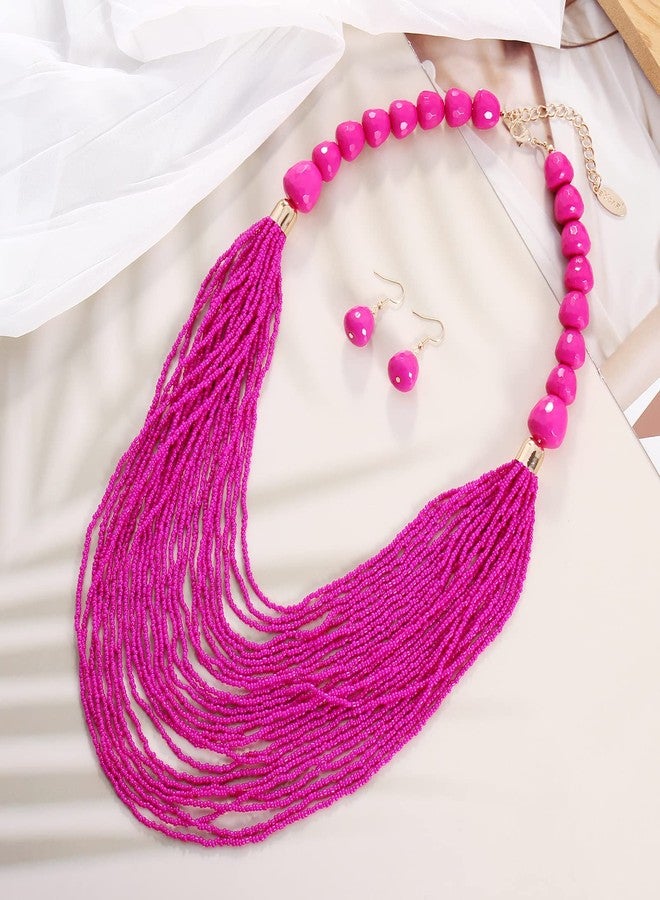 Bocar Multi Layer Statement Long Chain Chunky Bib Seed Beads Necklace Earring Set for Women Gift (NK-10693-Rose red) - Image 3