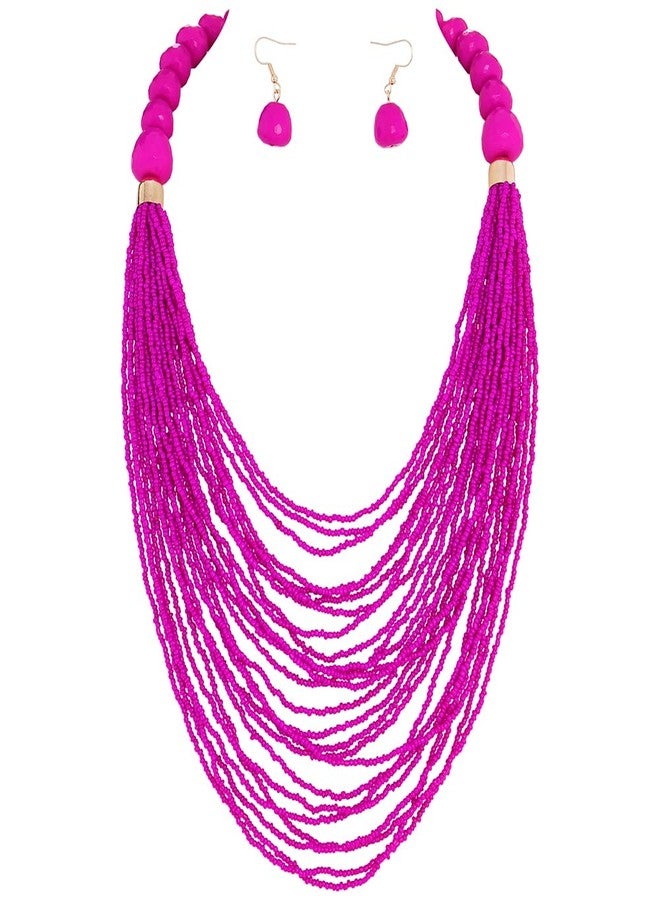 Bocar Multi Layer Statement Long Chain Chunky Bib Seed Beads Necklace Earring Set for Women Gift (NK-10693-Rose red) - Image 1