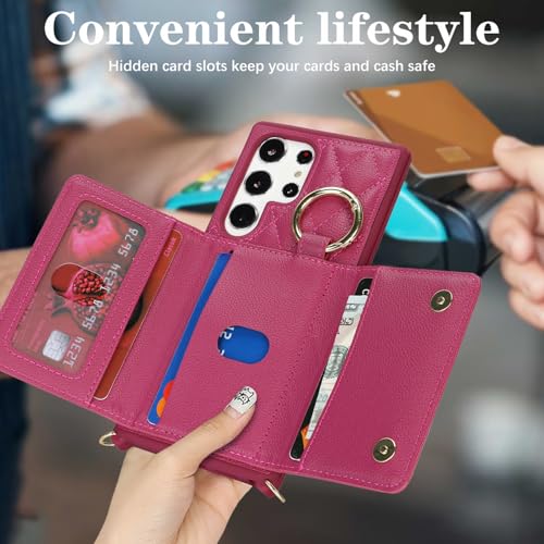 DEYHU for Galaxy S24 Ultra Case with Card Holder and Strap for Women,Crossbody Lanyard, Make Up Mirror,Ring Stand,Snap Clasp,Cute Phone Wallet Cases 6.8 inch - Rose red - Image 3