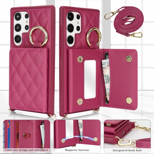 DEYHU for Galaxy S24 Ultra Case with Card Holder and Strap for Women,Crossbody Lanyard, Make Up Mirror,Ring Stand,Snap Clasp,Cute Phone Wallet Cases 6.8 inch - Rose red - Image 2