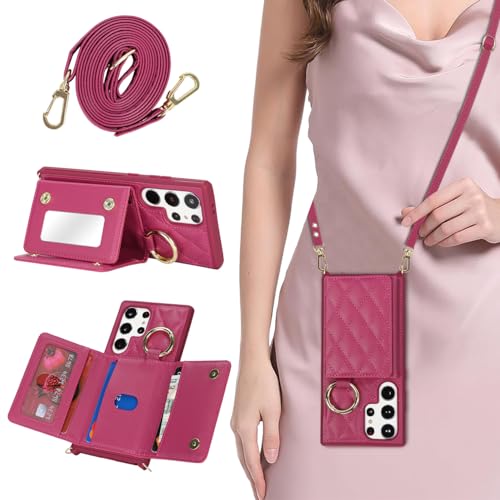 DEYHU for Galaxy S24 Ultra Case with Card Holder and Strap for Women,Crossbody Lanyard, Make Up Mirror,Ring Stand,Snap Clasp,Cute Phone Wallet Cases 6.8 inch - Rose red - Image 1