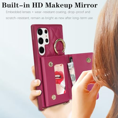 DEYHU for Galaxy S24 Ultra Case with Card Holder and Strap for Women,Crossbody Lanyard, Make Up Mirror,Ring Stand,Snap Clasp,Cute Phone Wallet Cases 6.8 inch - Rose red - Image 5