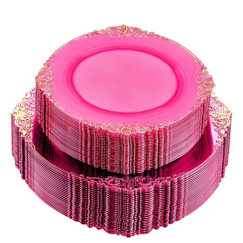 Joyido 102PCS Hot Pink Plastic Plates - Pink Disposable Plates with Gold Rim - Hot Pink Party Plates Include 51PCS 7.5inch Dessert Plates  51PCS 10.25inch Dinner Plates for Wedding & Valentine's Day - Image 1