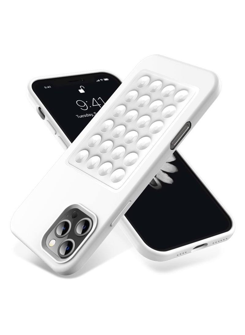 جراب هاتف من السيليكون الناعم مع قاعدة شفط وحامل حماية كاملة ضد الصدمات لهاتف iPhone 16 Pro Max (أبيض)