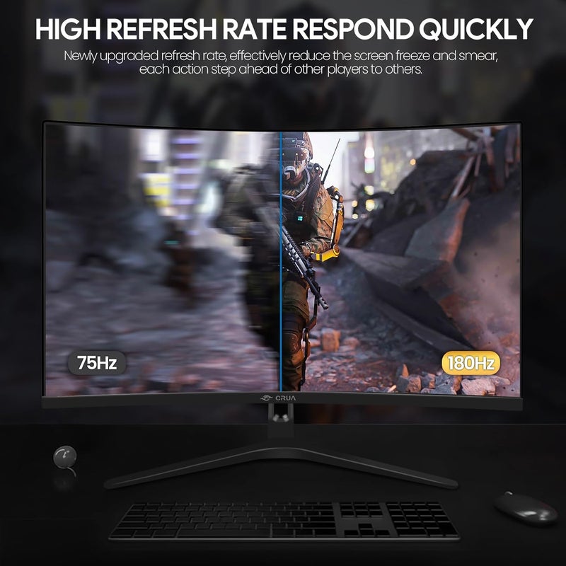CRUA شاشة ألعاب 27 بوصة FHD 180Hz منحنية 1800R، دقة 1080P (1920x1080)، سرعة 1ms (GTG)، 100% sRGB، FreeSync، مناسبة للألعاب الإلكترونية والاستخدام المنزلي والمكتبي - Image 3