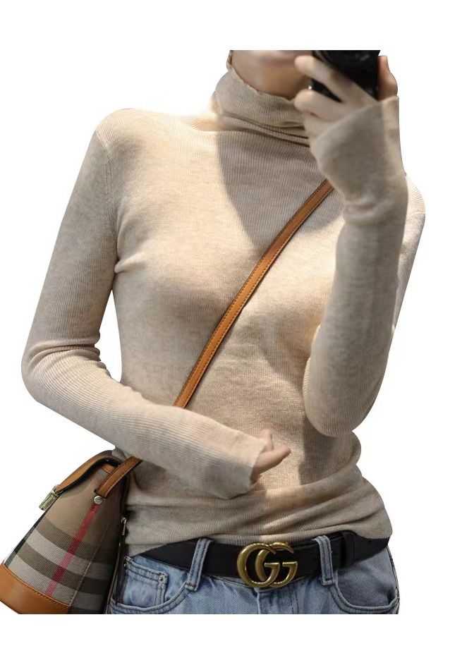 Loquat Women's Solid Color High Collar Slimming Wool Sweater 