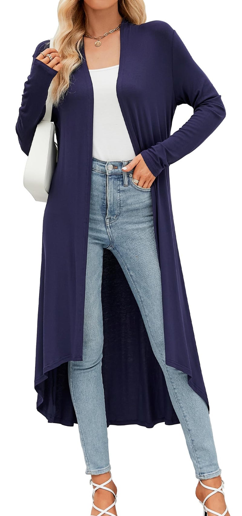 POGTMM Women's Long Sleeve Casual Wrap Long Cardigan Coverup Outwear Sweater Duster Jacket (Navy Blue, L) - Image 1