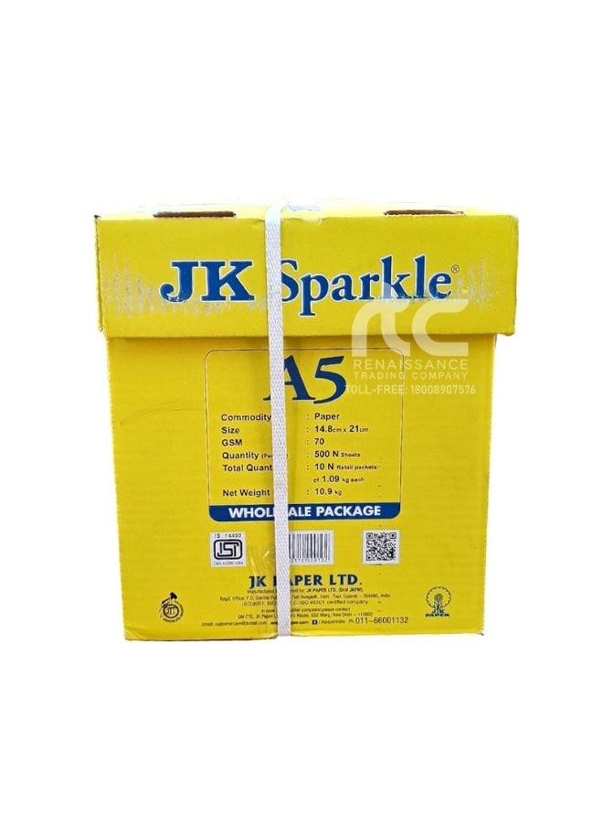 Generic JK Sparkle A4 Copy Paper – 70 GSM, 500 Sheets per Ream, Carton of 5 Reams – White Paper, Yellow Box Packaging  - Image 2