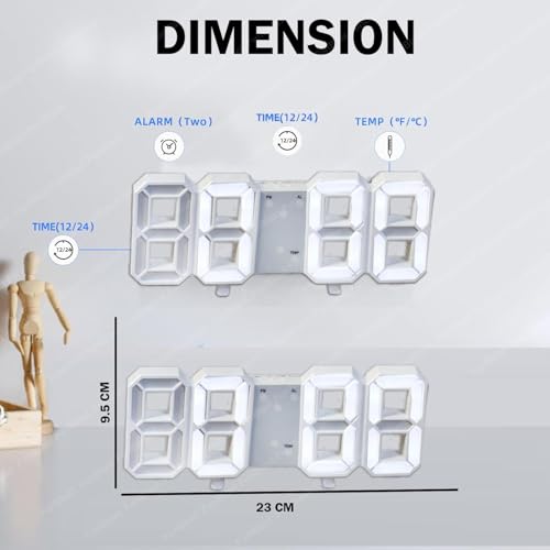 FunBlast 3D LED Digital Wall Clock – Silent Electronic Clock with Time, Date & Temperature Display, Alarm Function & USB Cable (White) - Image 2