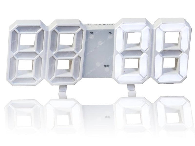FunBlast 3D LED Digital Wall Clock – Silent Electronic Clock with Time, Date & Temperature Display, Alarm Function & USB Cable (White) - Image 1
