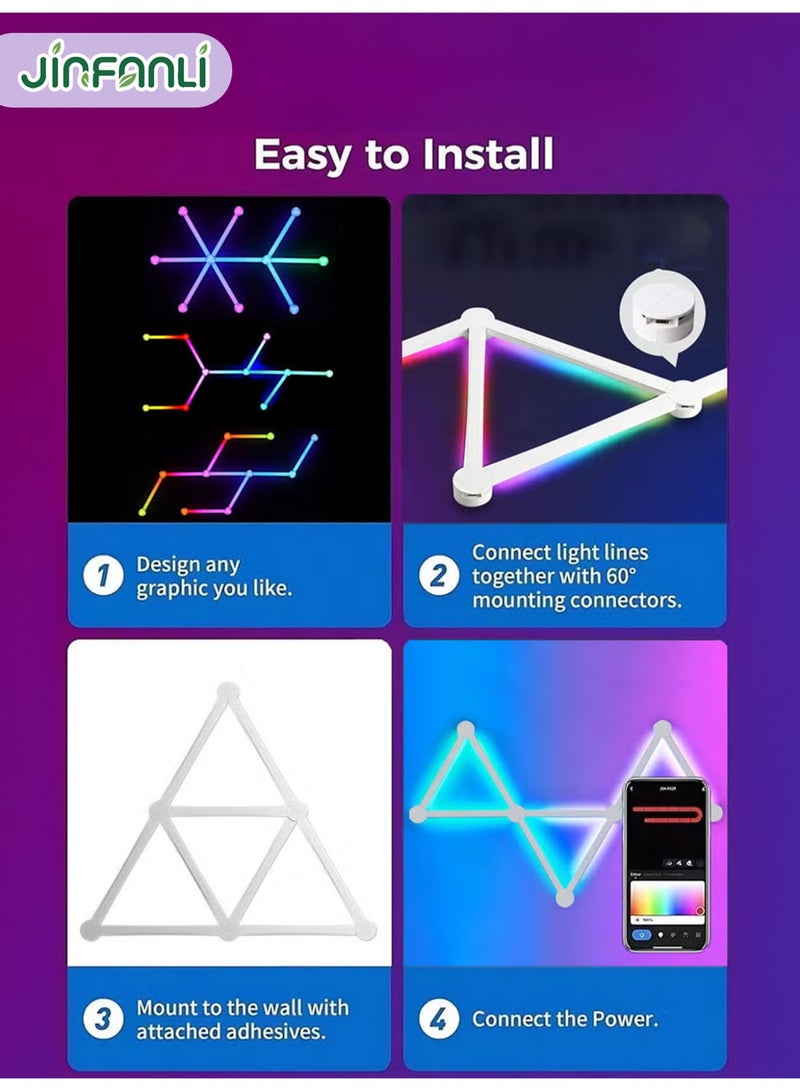جين فان ل أنا سلك إضاءة حائط LED ذكي مزود بخاصية WiFi RGB، مع مزامنة الموسيقى وإضاءة ألعاب هندسية قابلة للربط بنفسك، إضاءة ديكور منزلي متغيرة الألوان لأكثر من 16 شهرًا، يعمل مع مساعد جوجل، لغرفة الألعاب وغرفة النوم - 9 قطع، لون أسود - Image 2
