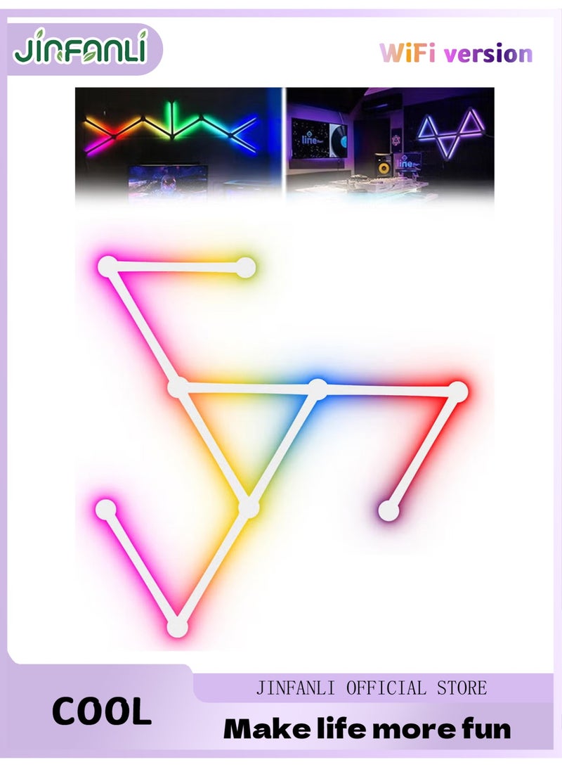جين فان ل أنا سلك إضاءة حائط LED ذكي مزود بخاصية WiFi RGB، مع مزامنة الموسيقى وإضاءة ألعاب هندسية قابلة للربط بنفسك، إضاءة ديكور منزلي متغيرة الألوان لأكثر من 16 شهرًا، يعمل مع مساعد جوجل، لغرفة الألعاب وغرفة النوم - 9 قطع، لون أسود - Image 1