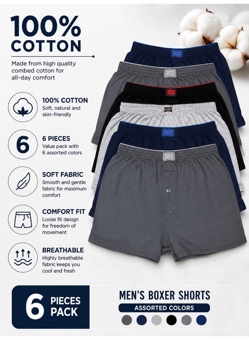 Alduja Men's Woven Boxer Shorts 6 Pack 100% Combed Cotton Soft Comfortable Elastic Waistband Assorted Colors - Image 4