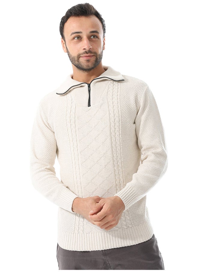 Andora - Multi Knitted Patterns Pullover_Off White - Image 1