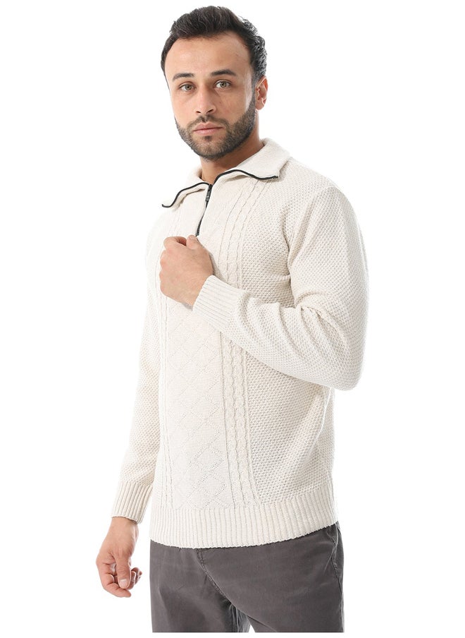 Andora - Multi Knitted Patterns Pullover_Off White - Image 1