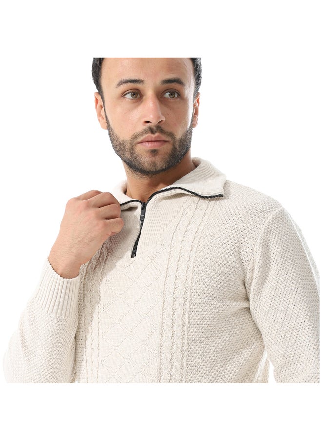 Andora - Multi Knitted Patterns Pullover_Off White - Image 1