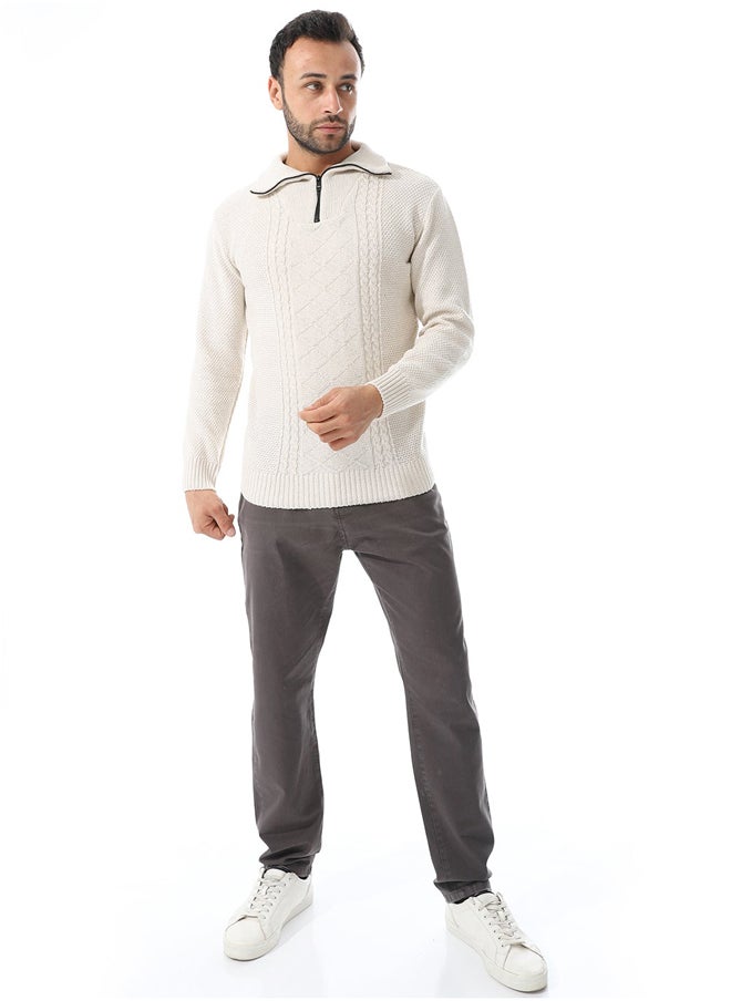 Andora - Multi Knitted Patterns Pullover_Off White - Image 1