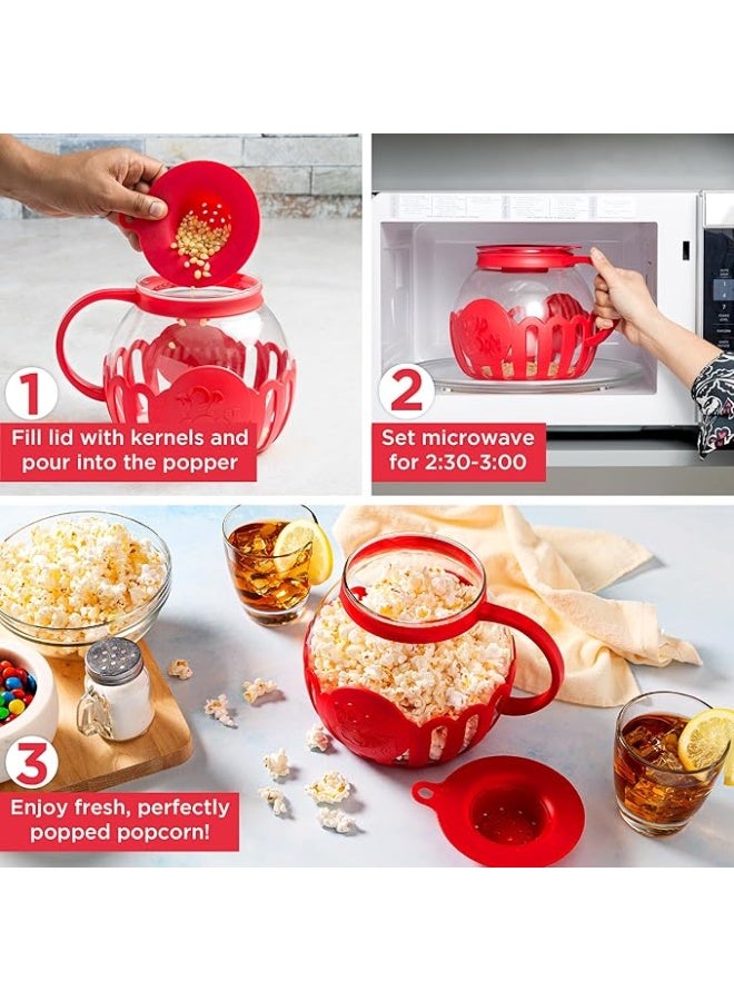 LOOPITYS Microwave Popcorn Popper 3-Quart puffed rice Pot with Temperature Safe Glass, 3-in-1 Lid Measures Kernels and Melts Butter，Made Without BPA，Dishwasher Safe，Corn popcorn, rice popcorn, and millet popcorn can be made in a microwave oven，(red) - Image 2
