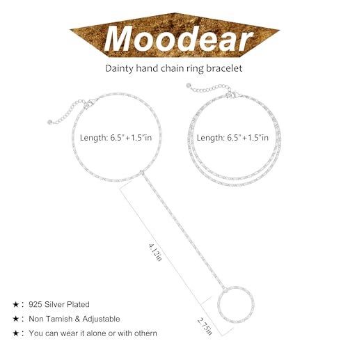 Moodear Silver Bracelets for Women - Cute Sterling Silver Hand Chain Ring Bracelet Adjustable Dainty Sparking Link Chain Layered Bracelet Set Non Tarnish Trendy Jewelry Gift - Image 5
