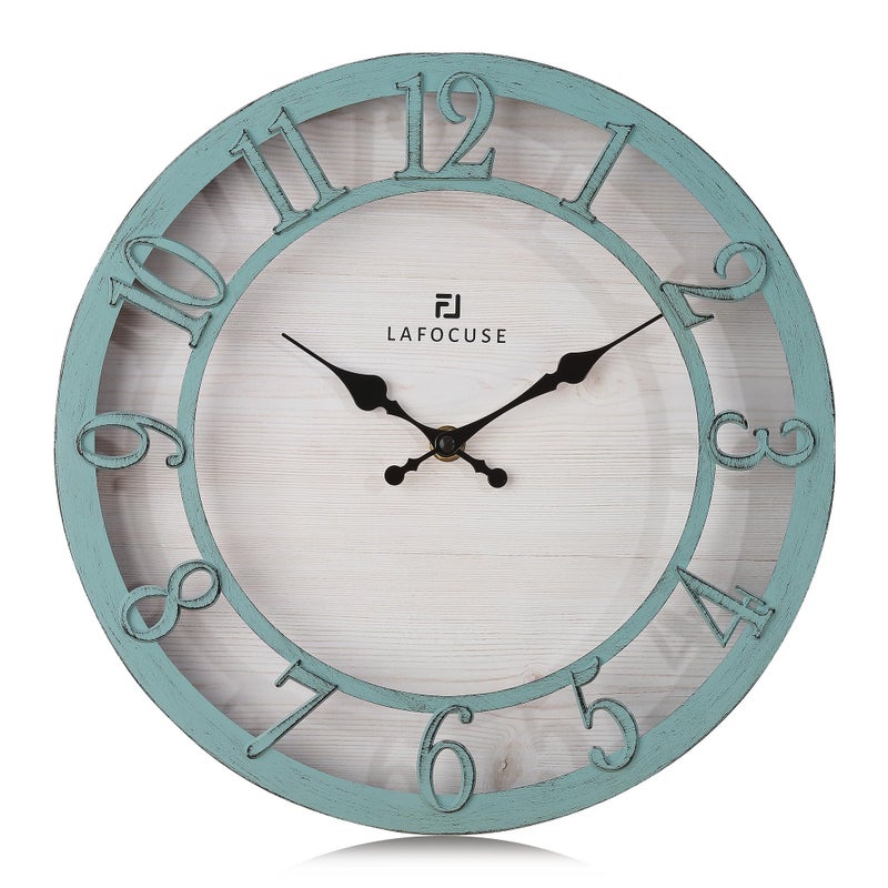 Lafocuse 12 Inch Farmhouse Vintage Wall Clock Teal Silent Non Ticking, Shabby Chic Rustic Kitchen Clocks Green Turquoise with 3D Numerals for Living Room Bedroom Office Home Decor - Image 1