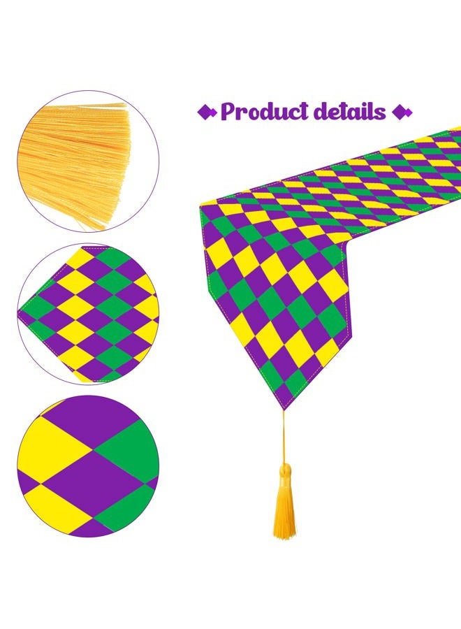 Wehhbtye 2PC Mardi Gras Table Runner Decor-12 x71 Fabric Carnival Table Runner with Tassels,Purple Yellow Green New Orleans Mardigras Diamond Dresser Scarves for Table Dinner Holiday Party - Image 3