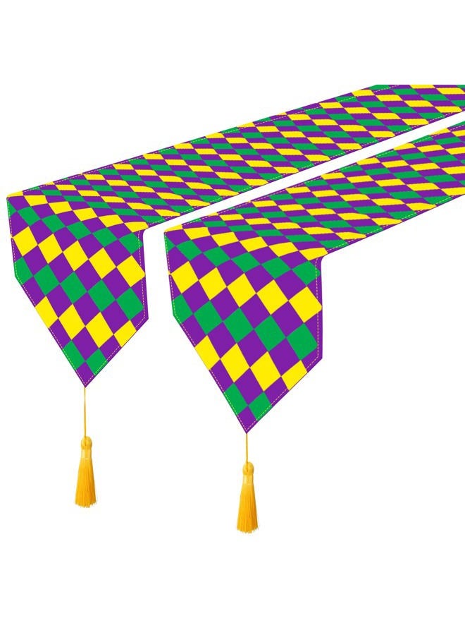 Wehhbtye 2PC Mardi Gras Table Runner Decor-12 x71 Fabric Carnival Table Runner with Tassels,Purple Yellow Green New Orleans Mardigras Diamond Dresser Scarves for Table Dinner Holiday Party - Image 1