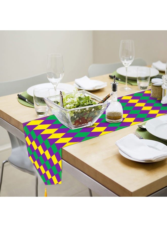 Wehhbtye 2PC Mardi Gras Table Runner Decor-12 x71 Fabric Carnival Table Runner with Tassels,Purple Yellow Green New Orleans Mardigras Diamond Dresser Scarves for Table Dinner Holiday Party - Image 4