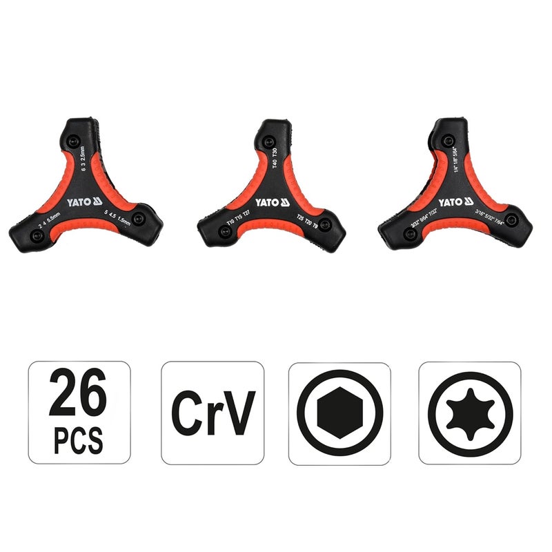 Yato مجموعة مفاتيح سداسية ياتو 26 قطعة مجموعة مفاتيح احترافية مفاتيح توركس مقبض من الألمنيوم فولاذ CrV للسيارات - Image 4