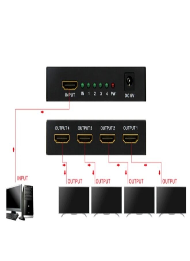 اتش دي ام اي - موزع HDMI بأربعة منافذ بدقة كاملة الوضوح مع مؤشر LED باللون الأسود - Image 1
