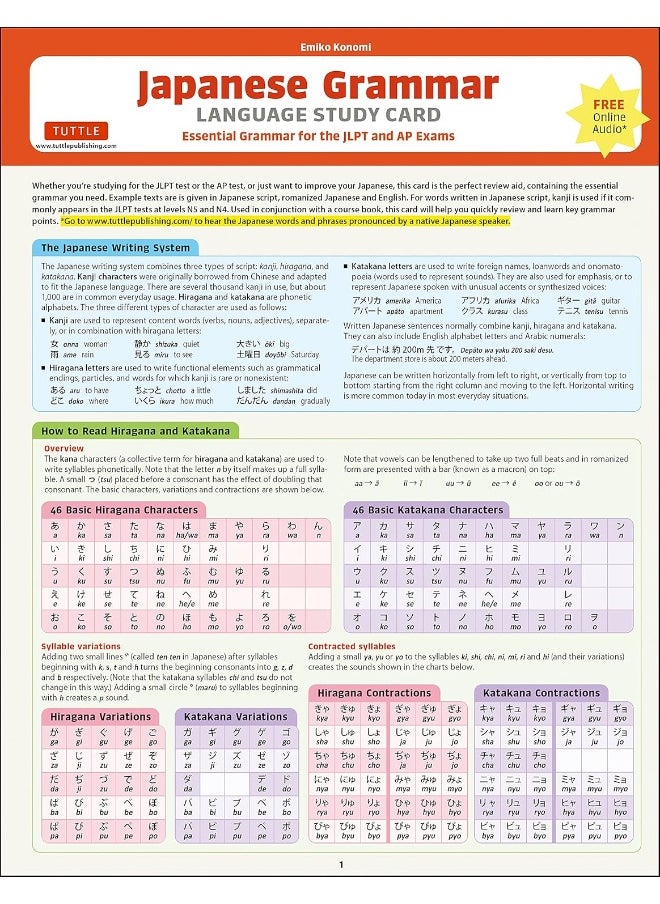 Japanese Grammar Language Study Card: Essential Grammar for the JLPT and AP Exams (Inclu