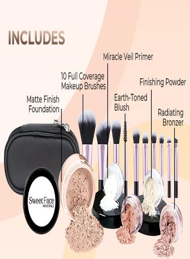 Sweet Face Minerals 16pc Beginner Mineral Makeup STARTER KIT with 10 BRUSH SET (5gm) Sample Size Foundation, Primer, Blush, Bronzer, Setting Powder for Learning, Occasional Use,First Time Users, Travel Size Kit (Light) - Image 2