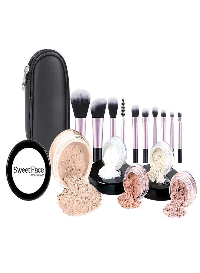 Sweet Face Minerals 16pc Beginner Mineral Makeup STARTER KIT with 10 BRUSH SET (5gm) Sample Size Foundation, Primer, Blush, Bronzer, Setting Powder for Learning, Occasional Use,First Time Users, Travel Size Kit (Light) - Image 1