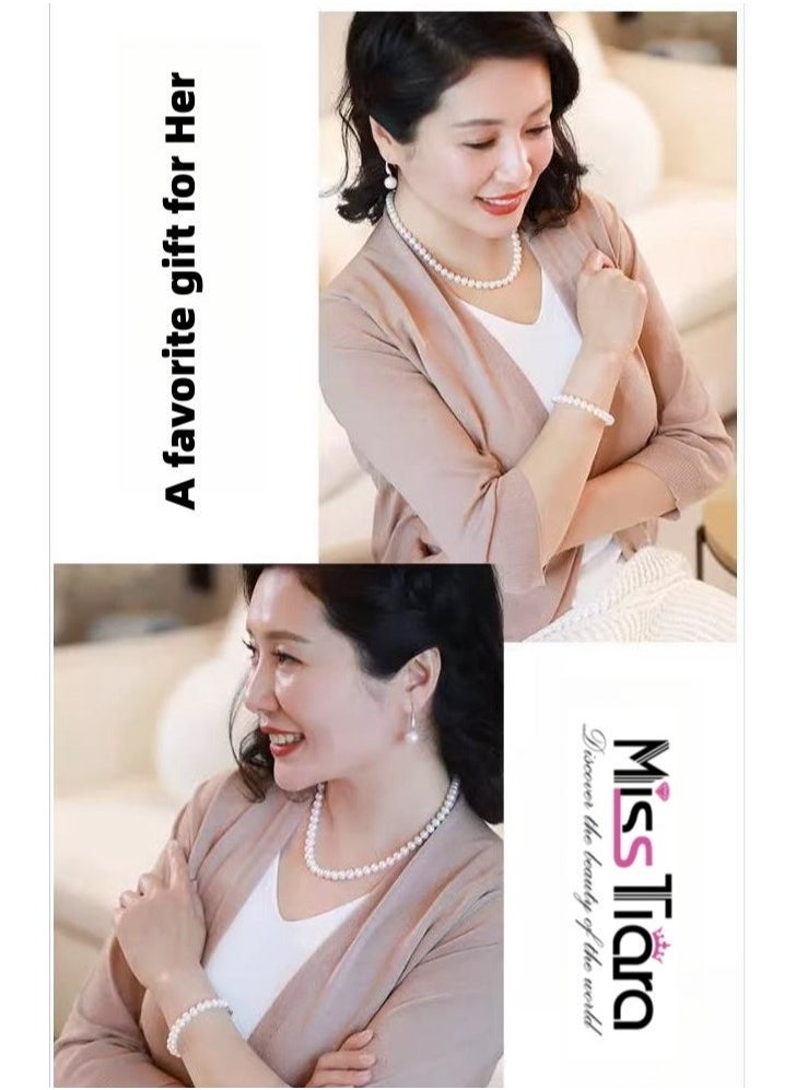 MissTiara - 4 Pcs Rhinestone Choker Bracelet Ring Earrings Studs Set Double Row Round Diamond Collar Necklace Bridal Evening Dress Accessories for Women Bracelet Stretch Ring Bridal Party Jewelry Silver/Clear - Image 1