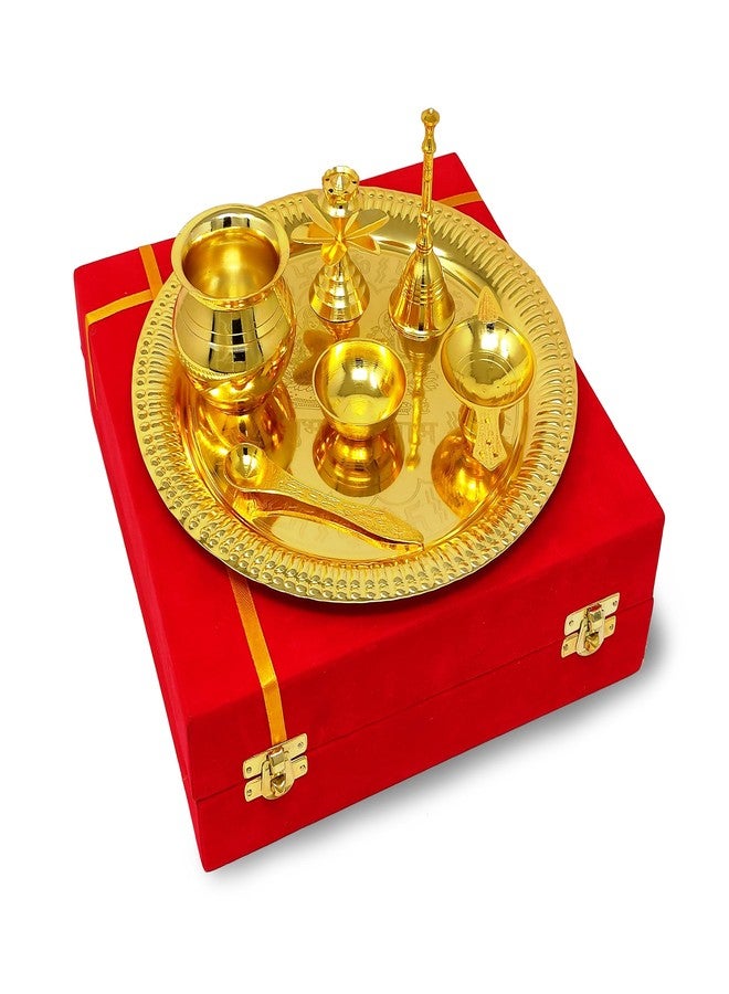 BENGALEN Pooja Thali Set Gold Plated with Red Gift Box Designed 22 cm Puja Plate Kalash Bowl Ghanti Spoon Dhup Dan Diya for Home Office Diwali Wedding Return Gift Items - Image 4