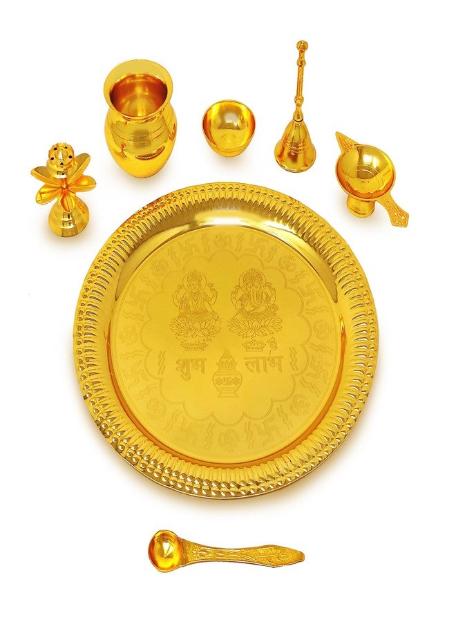 BENGALEN Pooja Thali Set Gold Plated with Red Gift Box Designed 22 cm Puja Plate Kalash Bowl Ghanti Spoon Dhup Dan Diya for Home Office Diwali Wedding Return Gift Items - Image 3