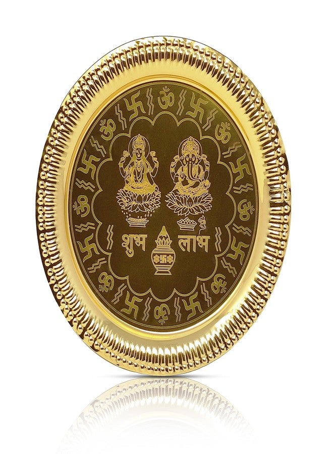 BENGALEN Pooja Thali Set Gold Plated with Red Gift Box Designed 22 cm Puja Plate Kalash Bowl Ghanti Spoon Dhup Dan Diya for Home Office Diwali Wedding Return Gift Items - Image 2