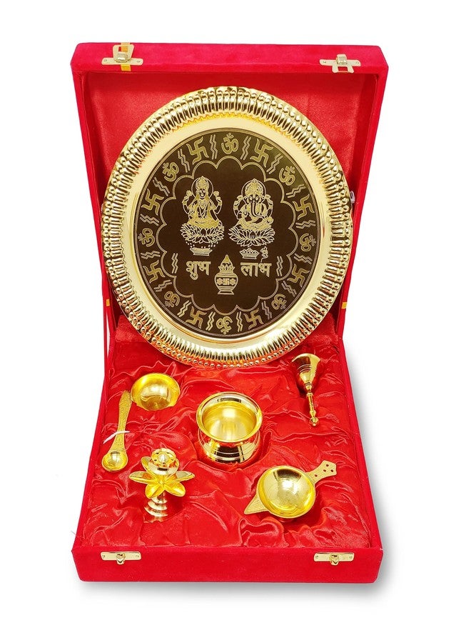 BENGALEN Pooja Thali Set Gold Plated with Red Gift Box Designed 22 cm Puja Plate Kalash Bowl Ghanti Spoon Dhup Dan Diya for Home Office Diwali Wedding Return Gift Items - Image 1