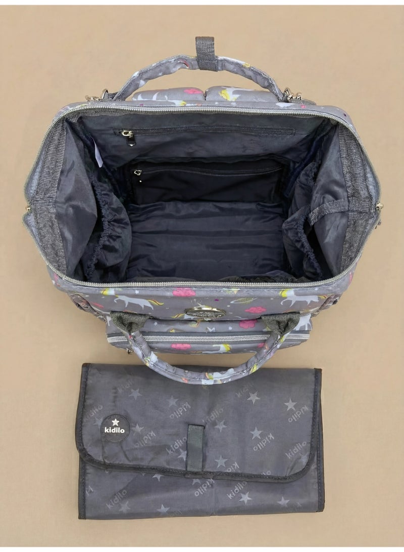 Kidilo Unicorn Baby Diaper Backpack with Changing Mat - Grey - Image 2