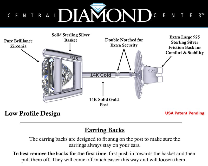 Central Diamond Center 14K Gold Posts & Sterling Silver Princess Cut CZ Stud Earrings Made with Swarovski Zirconia - 7.0mm 4.00cttw - Platinum Plated - Image 2